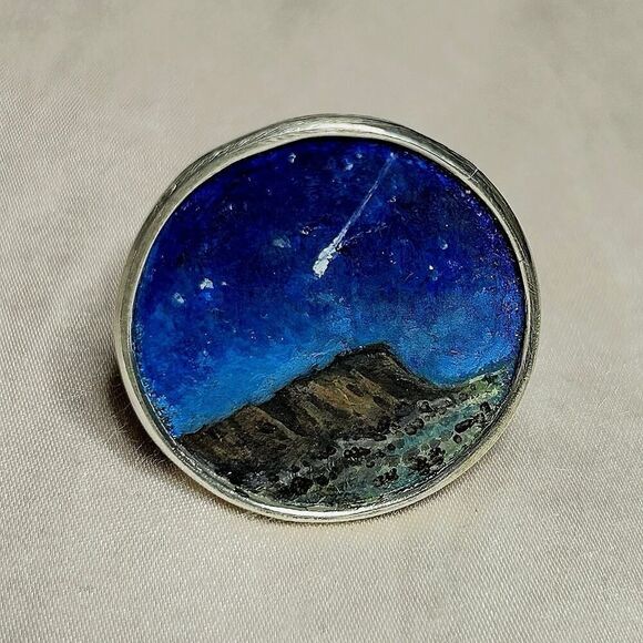 Handmade Victoria Carlson Sterling Silver Landscape Painting Statement Ring 8.5